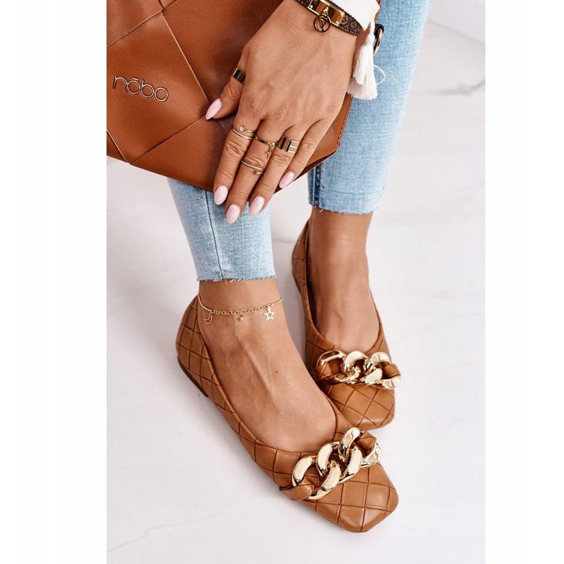 PS1 Eleganti ballerine trapuntate con catena Coco cammello marrone 2
