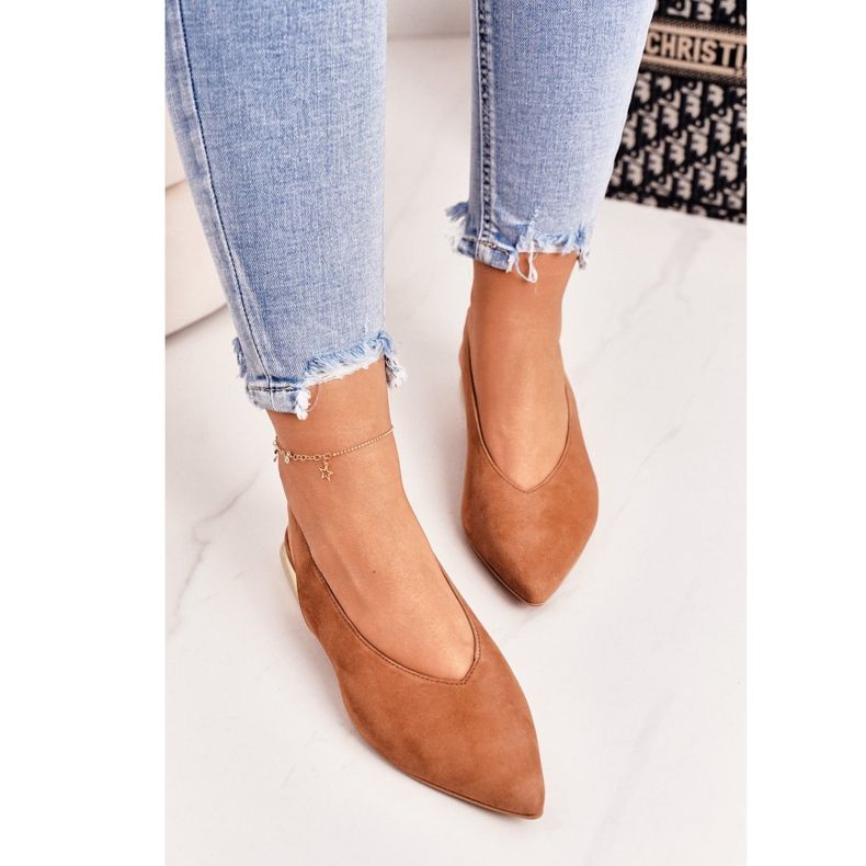 Ballerine in pelle scamosciata su tacchi dorati Laura Messi 2127 Camel marrone 2