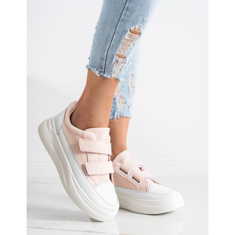 SHELOVET Comode scarpe da ginnastica in velcro bianco rosa 2