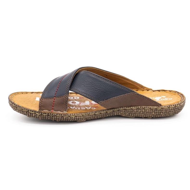 Kampol Pantofole da uomo in pelle 200 blu navy con marrone 1