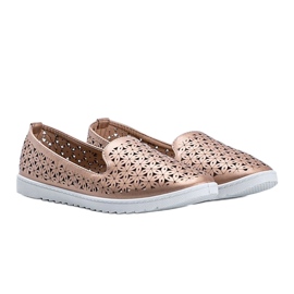 Mocassini champagne con finitura Margari traforata rosa 1