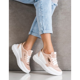 SHELOVET Eleganti scarpe da ginnastica in pelle scamosciata bianco rosa 1