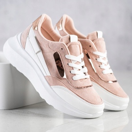 SHELOVET Eleganti scarpe da ginnastica in pelle scamosciata bianca rosa 2