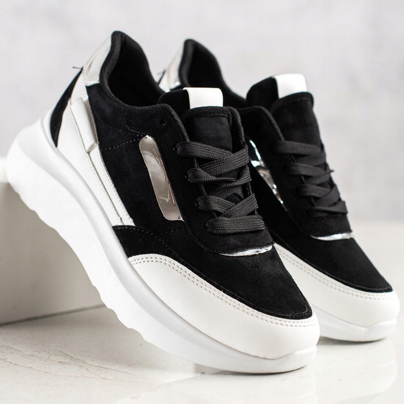 SHELOVET Eleganti scarpe da ginnastica in pelle scamosciata bianco nero 1