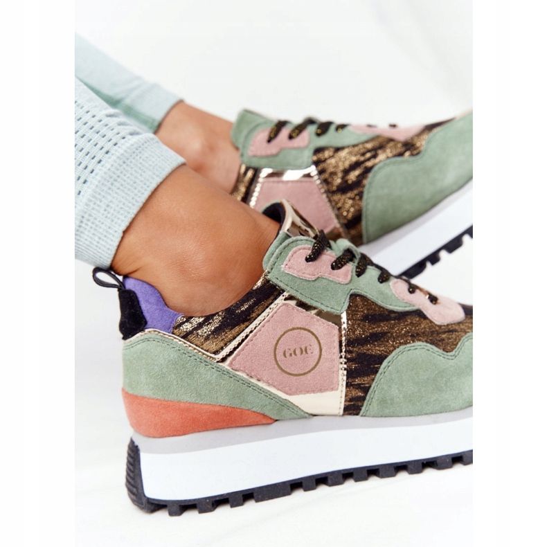Scarpe sportive in pelle scamosciata sulla piattaforma GOE HH2N4002 verde-oro beige marrone rosa d'oro 1