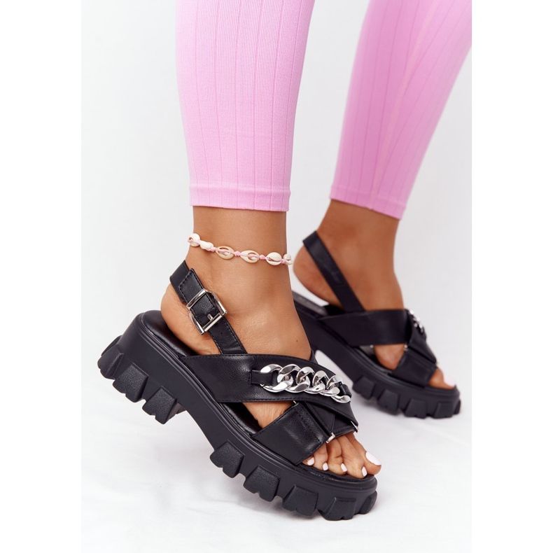 Sandali neri con plateau Hollywood con catena nero 2