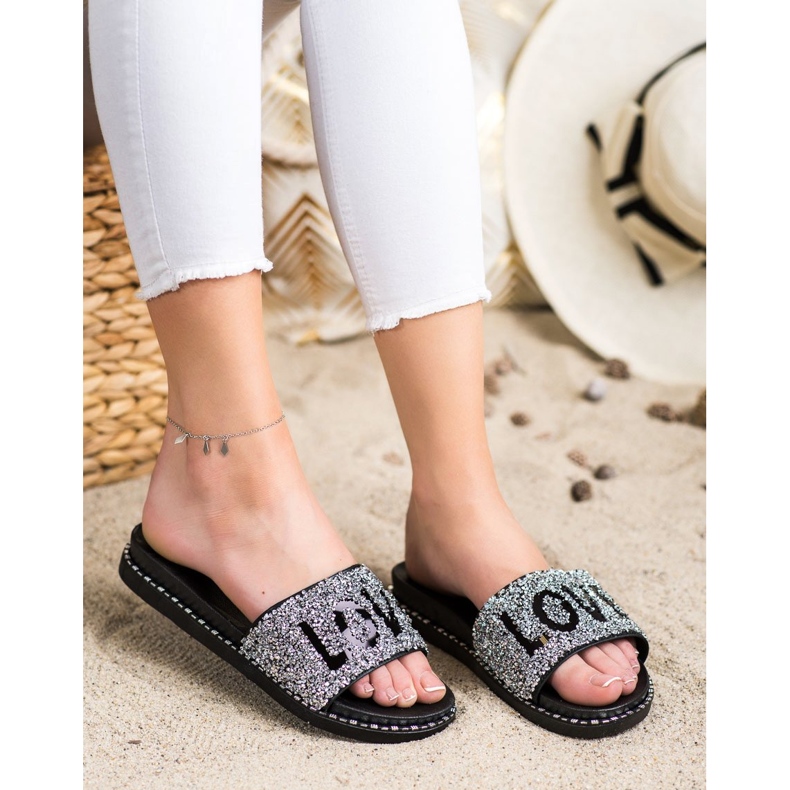 SHELOVET Ciabatte con plateau Love nero argento 1