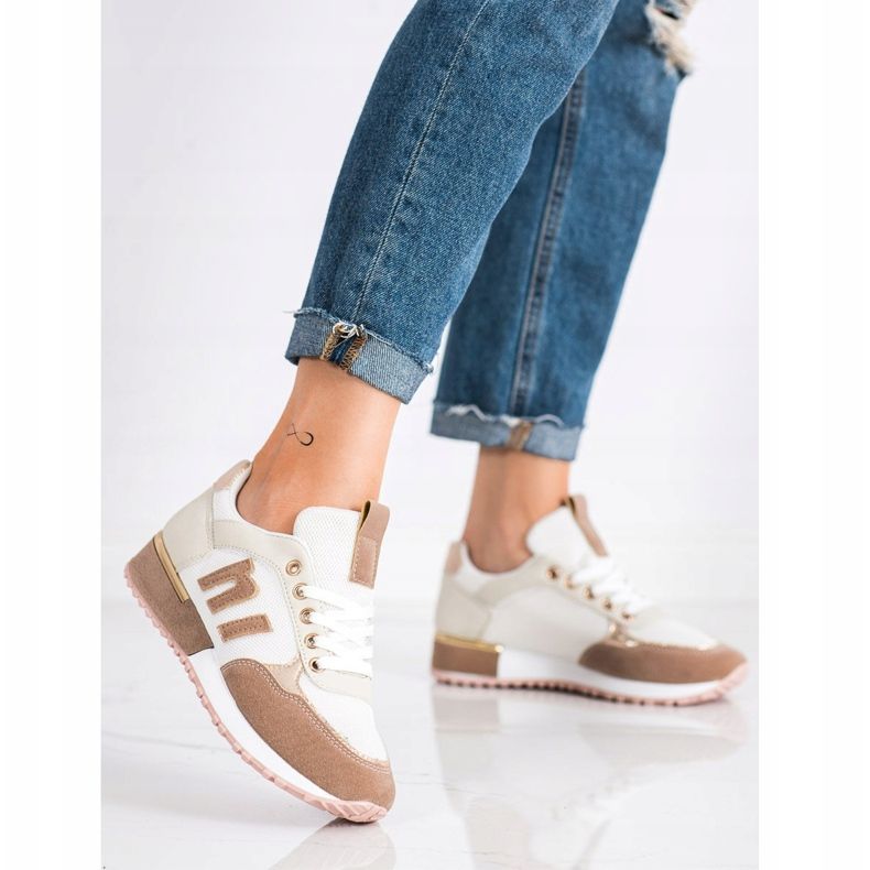 SHELOVET Scarpe sportive con rete beige bianco d'oro 2