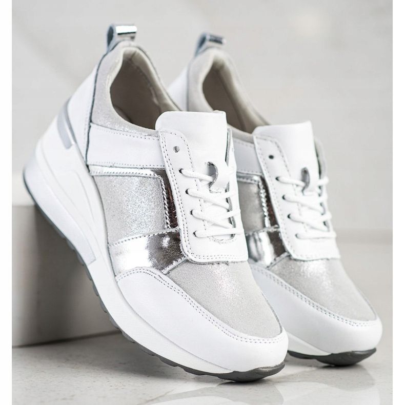 Sneakers In Pelle Con Glitter VINCEZA bianca d'argento 1