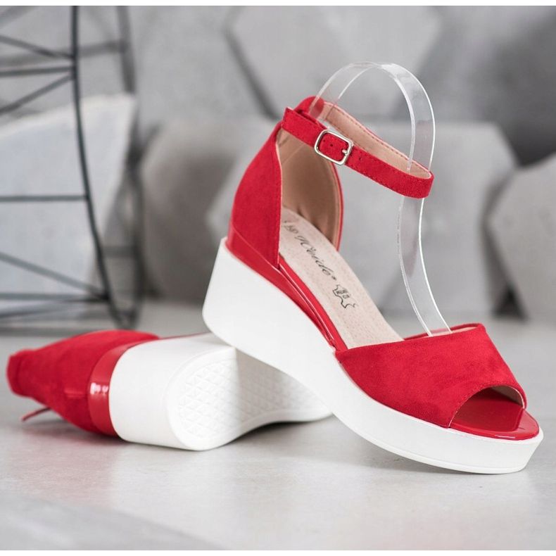 Weide Sandali in pelle scamosciata su una zeppa bianca rosso 1