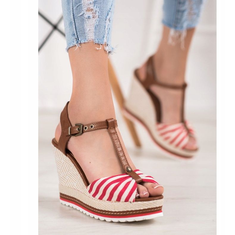 SHELOVET Sandali con zeppa a righe marrone rosso 1
