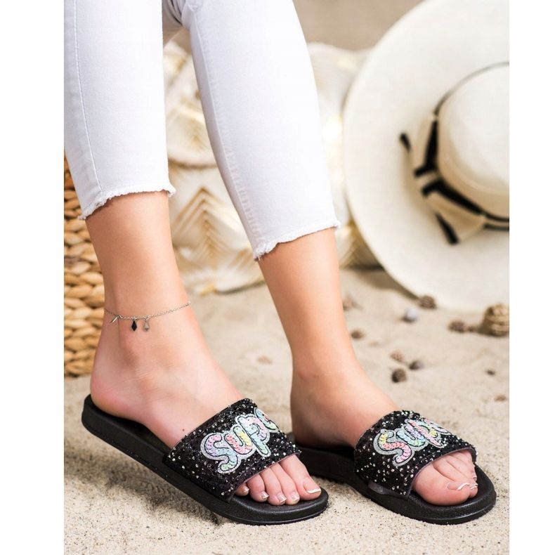 SHELOVET Ciabatte super paillettes nero 2