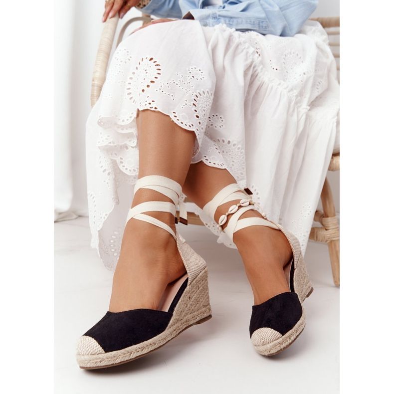PG1 Sandali neri con zeppa annodati Nelly con trecce beige nero 2