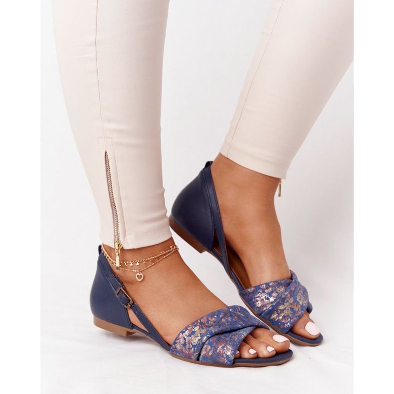 Sandali In Pelle Con Fiori Maciejka 04614-43 Blu Navy d'oro 2