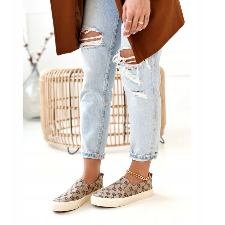 Sneakers da donna con logo Slip-On Khaki Challenge beige marrone 1