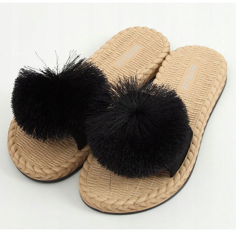 Nero S-410 Pantofole nere con pompon 1