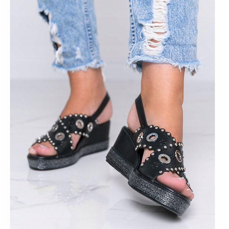 Sandali con zeppa metallizzati neri Mon nero 1