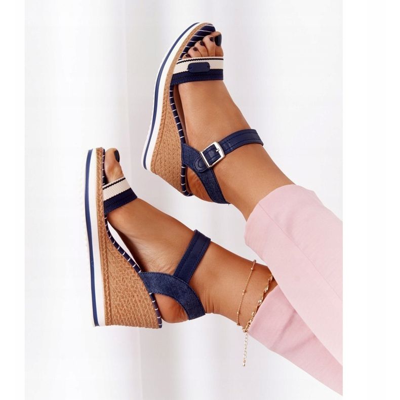PG1 Sandali con zeppa tropicali blu navy beige marrone 1