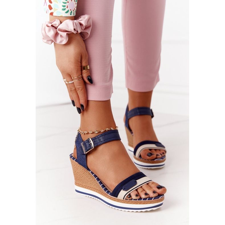 PG1 Sandali con zeppa tropicali blu navy beige marrone 2