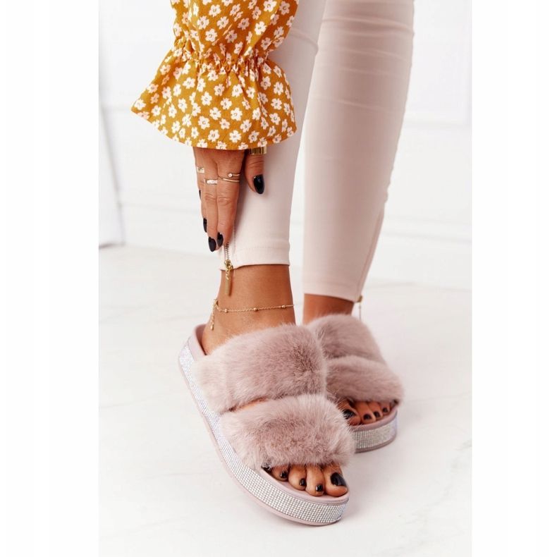 PS1 Pantofole Beige Sulla Piattaforma Con Pelliccia E Cubic Zirconia Wow! 2