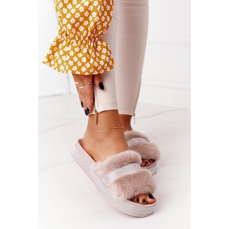 PS1 Pantofole Sulla Piattaforma Con Pelliccia E Cubic Zirconia Beige Impress 2