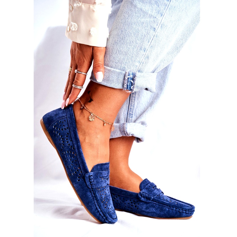 S.Barski Mocassini da donna con pelle traforata Blu Navy Salem 1