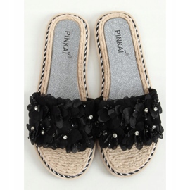 Nero LS003 Pantofole nere con fiori 1
