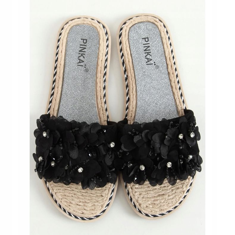 Nero LS003 Pantofole nere con fiori 1