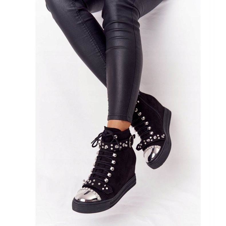 Stivali con zeppa Lu Boo in pelle scamosciata nera con strass nero 1