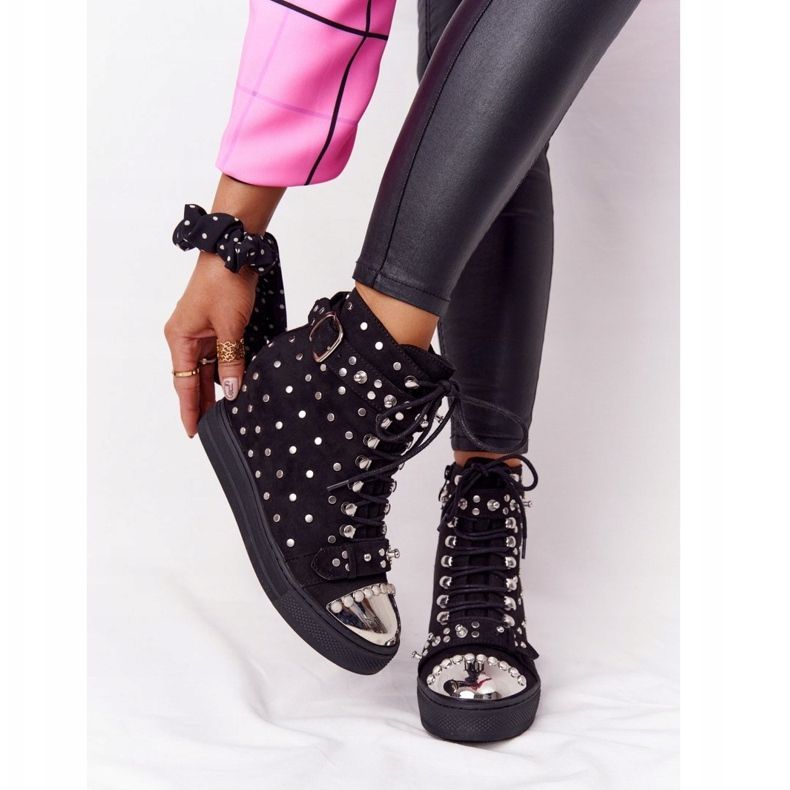 Stivali con zeppa Lu Boo in pelle scamosciata nera con strass nero 2