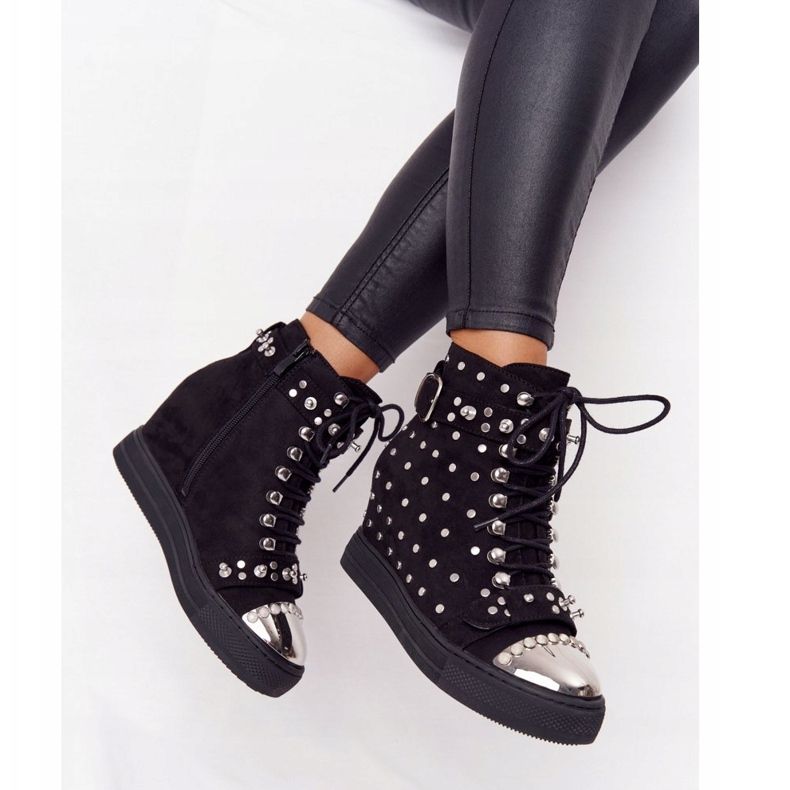 Stivali con zeppa Lu Boo in pelle scamosciata nera con strass nero 1