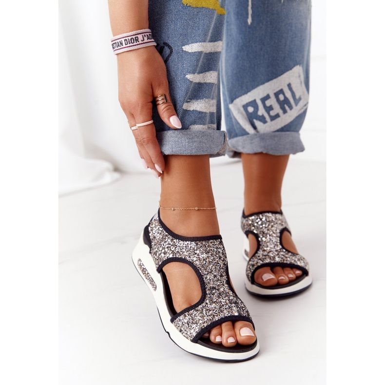 S.Barski Sandali slip-on argento con broccato Zoey nero 2