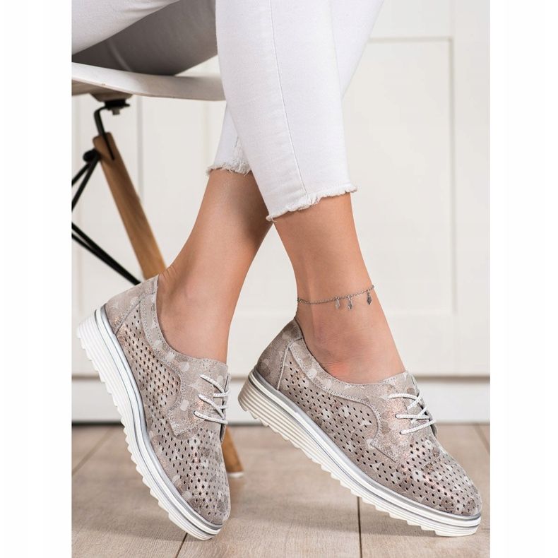 Goodin Scarpe in pelle traforata beige marrone d'oro 1