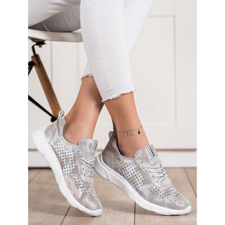 Goodin Sneakers in pelle lucida beige grigio d'oro 2