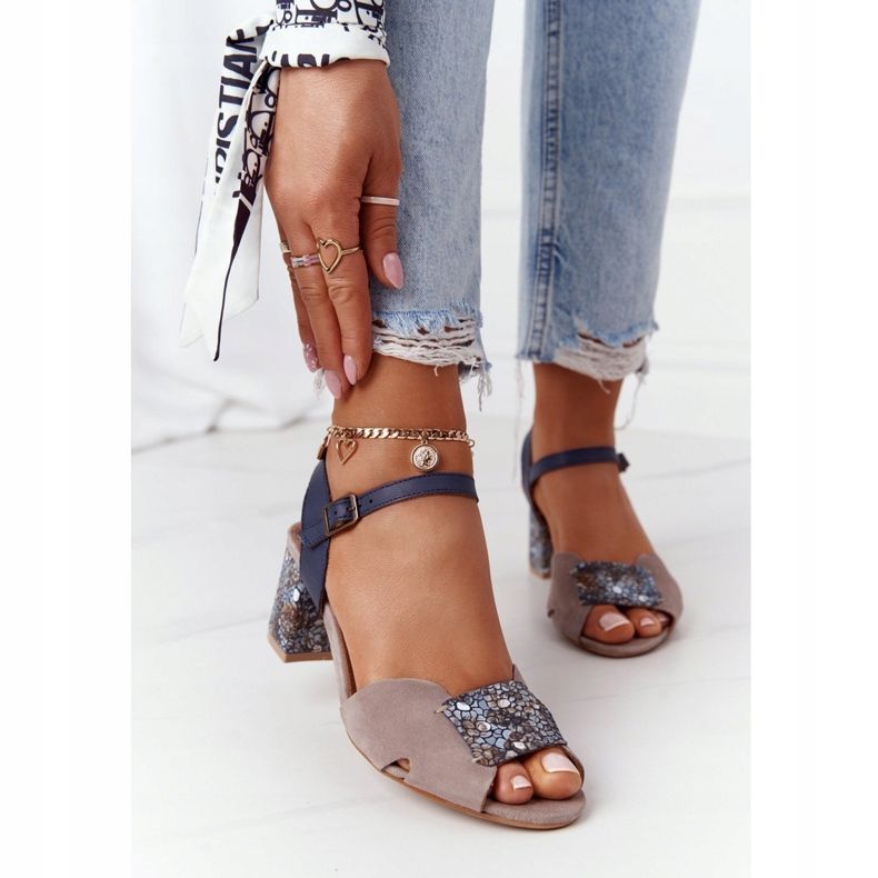 Sandali con tacco in pelle Maciejka 04120-43 Beige-Blu Navy 1
