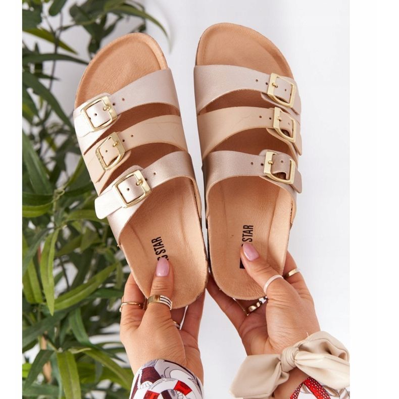 Pantofole in pelle profilate Big Star HH274585 Beige e Oro d'oro 1