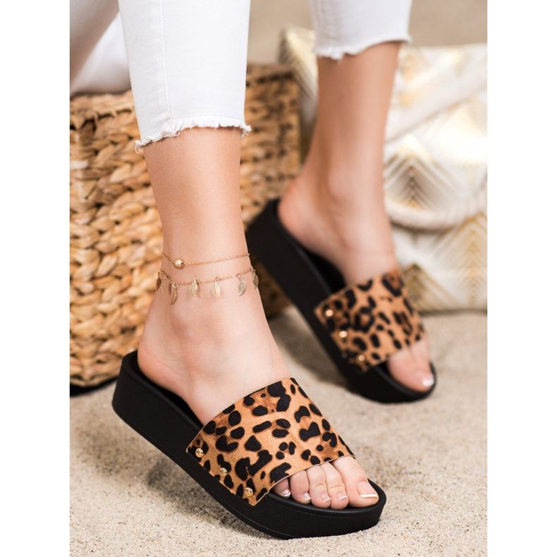 Bona Pantofole con plateau con stampa leopardata marrone 1