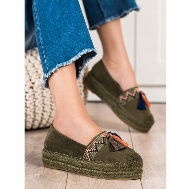 Coura Espadrillas In Camoscio Con Frange verde 1