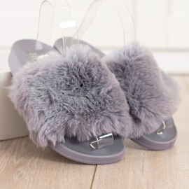 Bona Infradito casual con pelliccia grigio 1