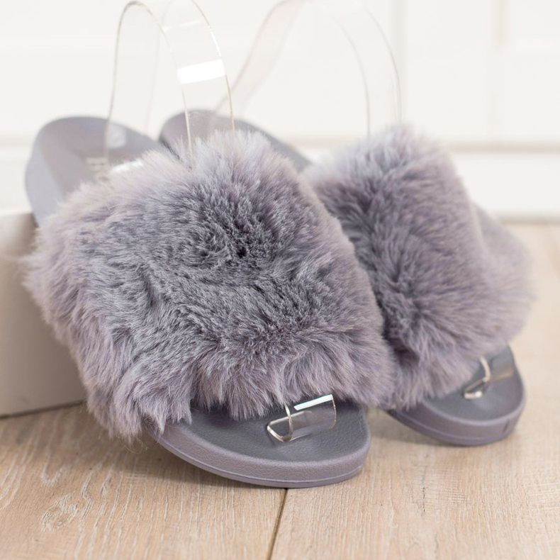 Bona Infradito casual con pelliccia grigio 1