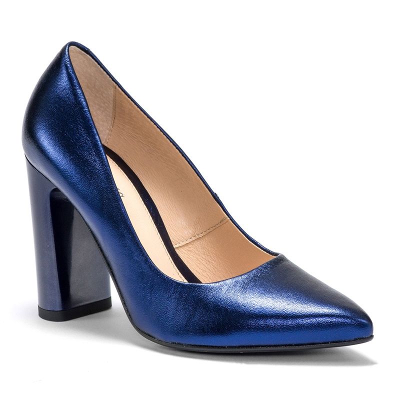 Marco Shoes Un'elegante décolleté in pelle metallizzata blu navy con tacco più alto 2