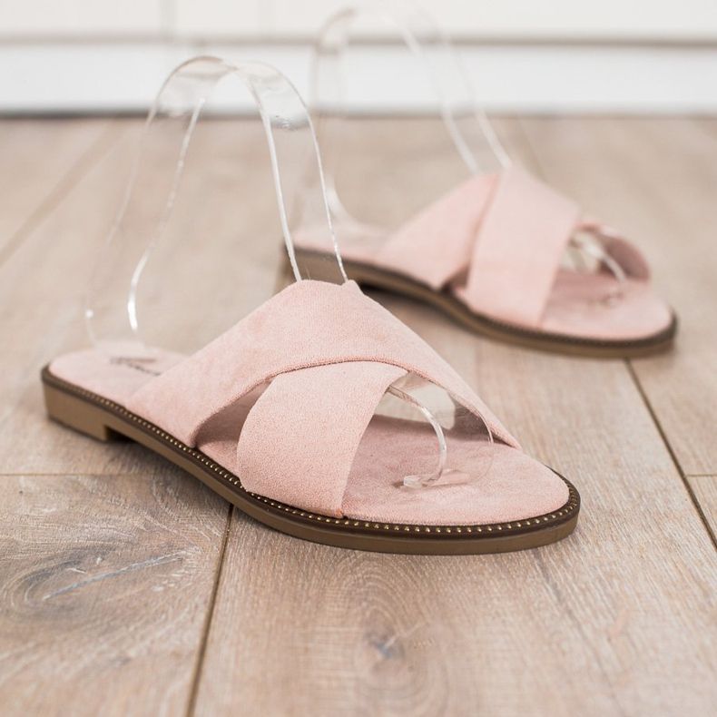 Ideal Shoes Eleganti pantofole in pelle scamosciata rosa 1