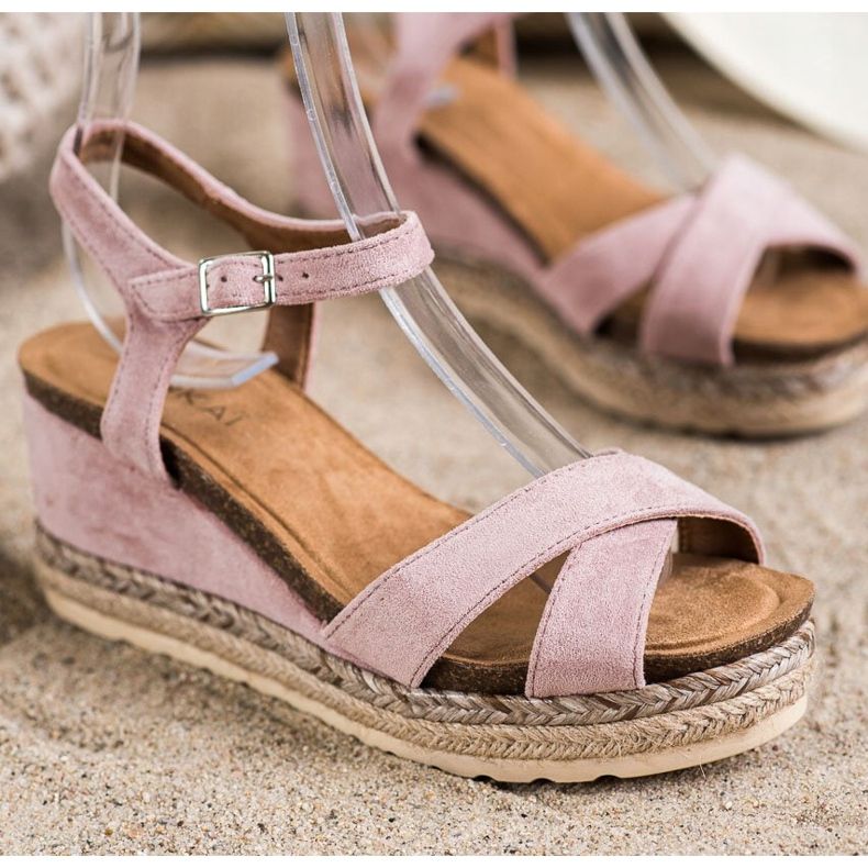 SHELOVET Sandali con zeppa con pelle scamosciata rosa 1