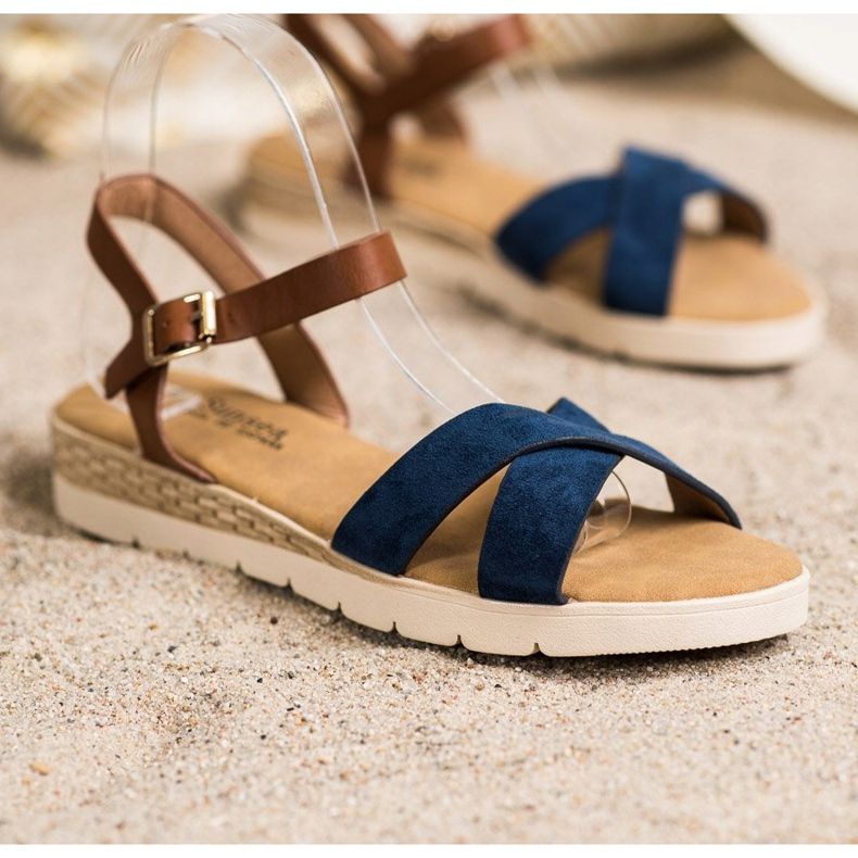 SHELOVET Sandali casual con fibbia marrone blu 1