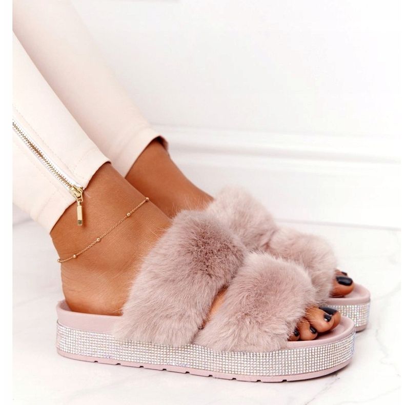 PS1 Pantofole Beige Sulla Piattaforma Con Pelliccia E Cubic Zirconia Wow! 4