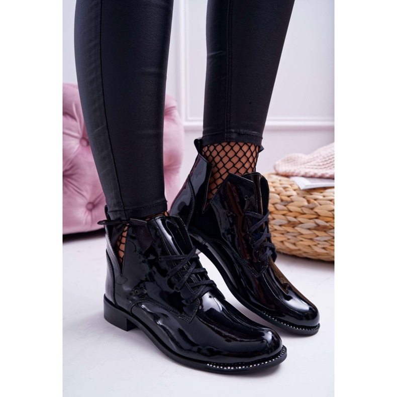 Stivali da donna con tacco piatto laccati neri Nicole 2420 nero 2