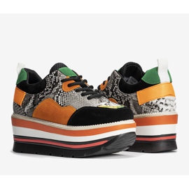Sneakers nere su suola alta nero arancia grigio 1
