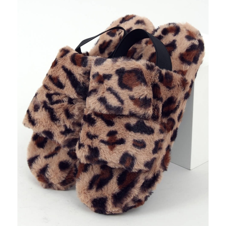 Pantofole da donna in pelliccia con macchie N-92 Leopard beige marrone 1