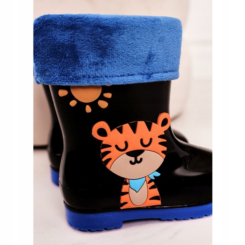 Stivali da pioggia neri caldi per bambini con una tigre nero blu arancia 1