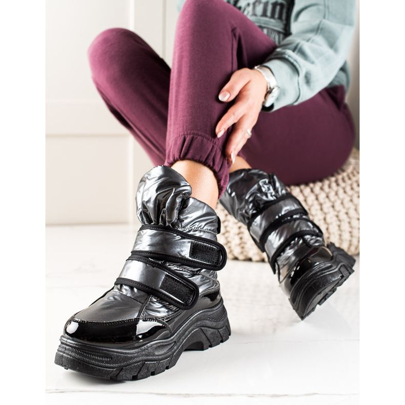 TRENDI Stivali da neve lucidi con velcro nero d'argento 1